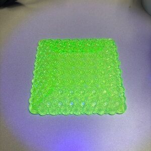 Uranium Glass Daisy and Button Square Plate 7" Green Glowing Vaseline Vintage